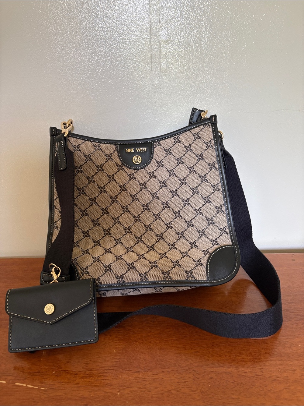 Nine West Beige & Black Patterned Crossbody with Removable Coin Pouch
